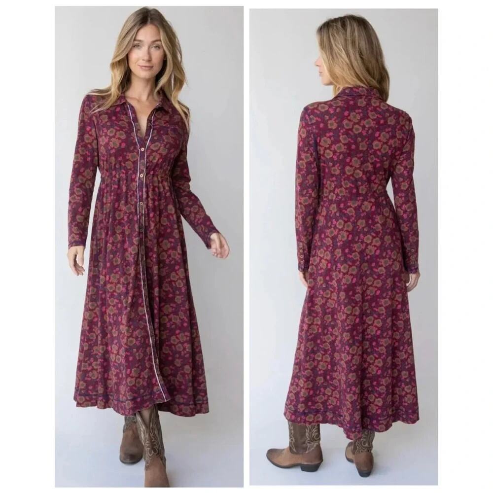 Natural Life Christa Cotton Midi Dress Small Cranberry Floral Button Front Boho